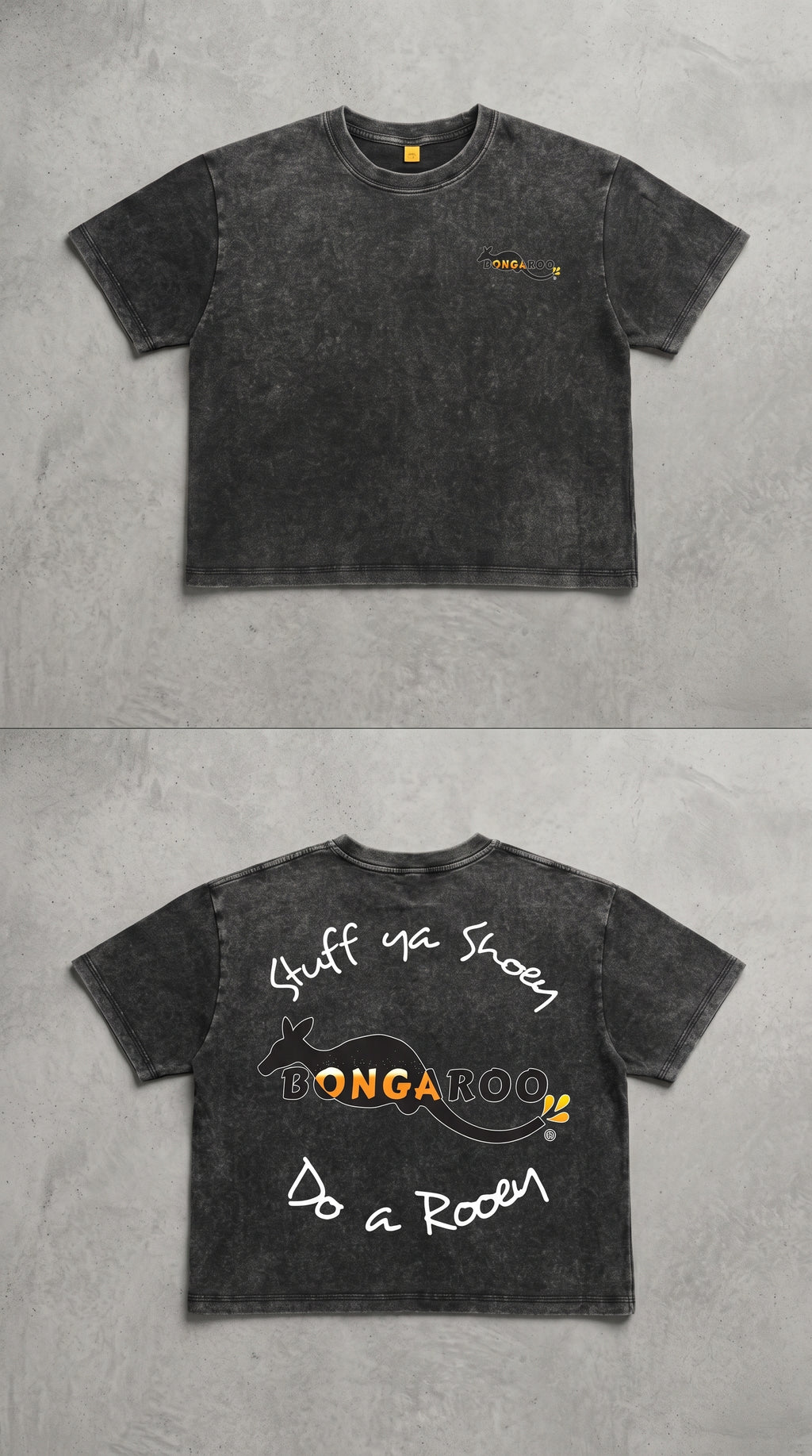 A dark gray acid-wash t-shirt shown from both the front and back. The front features a small yellow kangaroo logo on the left chest, while the back displays a large graphic with the text 'Stuff ya Inuyen', 'BONGAROON', and 'Do a Roar' in white and yellow.