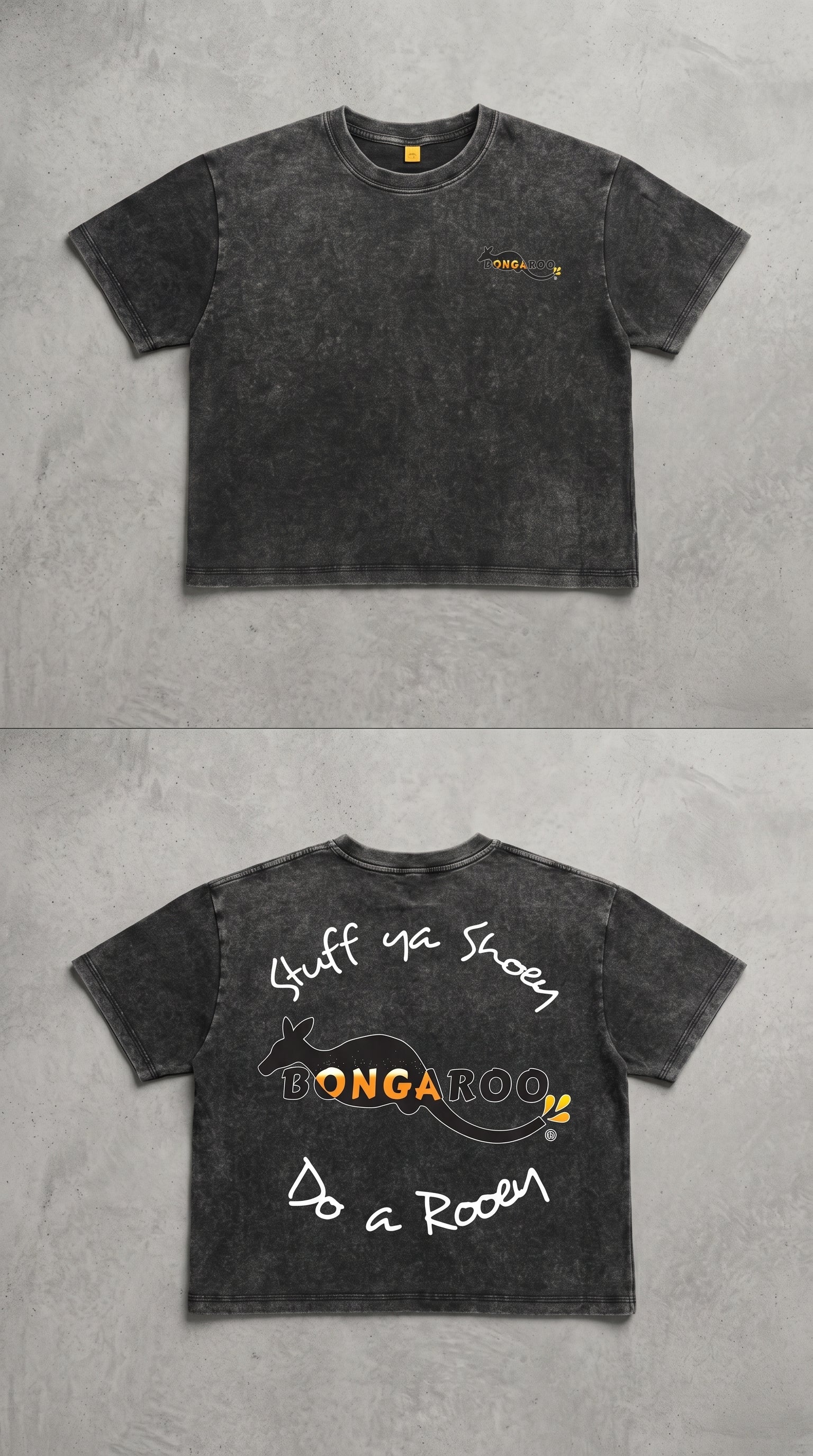 A dark gray acid-wash t-shirt shown from both the front and back. The front features a small yellow kangaroo logo on the left chest, while the back displays a large graphic with the text 'Stuff ya Inuyen', 'BONGAROON', and 'Do a Roar' in white and yellow.