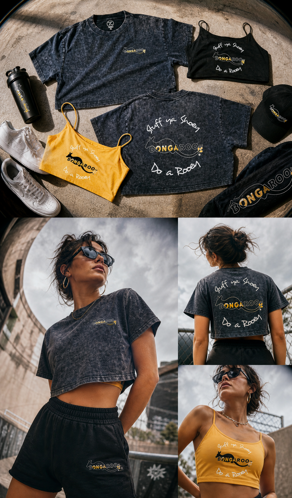 A collage showing a woman modeling a dark gray washed cropped T-shirt and black shorts, alongside matching dark gray crop top and black cap, a bright yellow cropped tank top, a black water bottle, and sneakers. The apparel features the text 'Be Your Own Judge O.