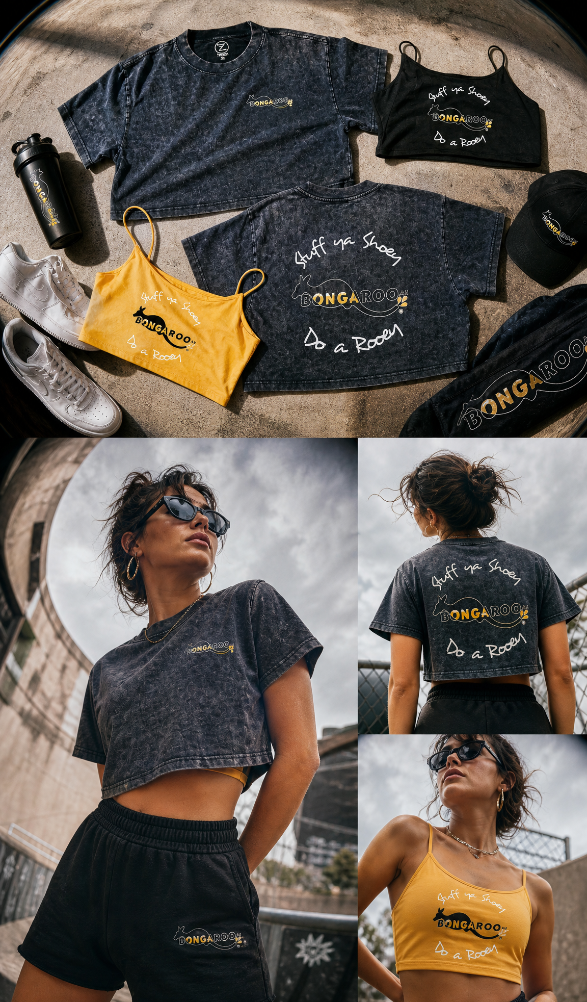 A collage showing a woman modeling a dark gray washed cropped T-shirt and black shorts, alongside matching dark gray crop top and black cap, a bright yellow cropped tank top, a black water bottle, and sneakers. The apparel features the text 'Be Your Own Judge O.